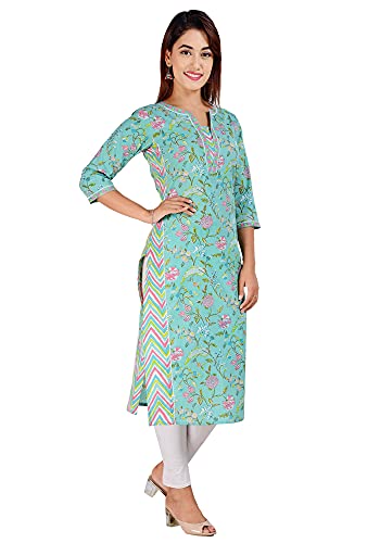 Image of COTLAND Fashions Jaipuri Cotton Printed Straight Kurti for Women Royal Sea Green
