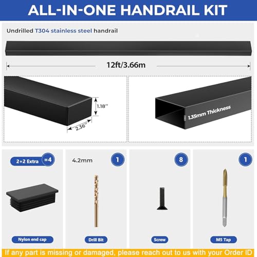 Image of Modular 1Pack 12FT Stainless Steel T304 Black Handrail for Cable Railing with Nylon End Cap Kits, 2.36 inch W x 1.18 inch H Cuttable Flat Handrail Rectangular Top Rail for Stair Railing Indoor Outdoor