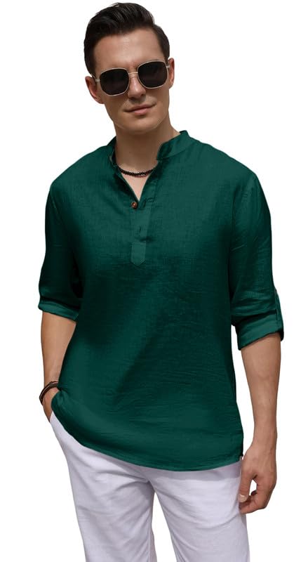 Image of ROYALSCOUT Men's Cotton Blend Casual Short Kurta Shirt with Notch Neck and Button Detail | Full Sleeve Straight Fit Lightweight Ethnic Top for Summer