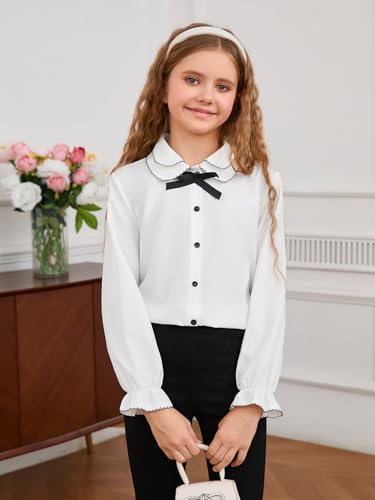 MakeMeChic Girl's Flounce Sleeve Collared Button Down Shirt Contrast Binding Blouse Top4