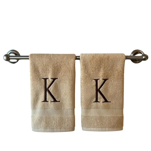 Beige with Brown Monogrammed Hand Towels for Bathroom - Set of 2 Letter K