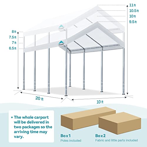 Advance Outdoor Adjustable 10X20 Ft Heavy Duty Carport Car Canopy Garage Boat Shelter Party Tent, Adjustable Peak Height From 9.5Ft To 11Ft, White #TOP6