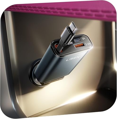 LISEN Cargador Coche Carga Rápida USB C Retráctil 57W, 3 en 1 Cargador Mechero Movil Coche 12/24V Car Charger Accesorios Coche Electrónicos para iPhone 17 e 16 15 Pro Max Samsung S26 Xiaomi 15 Gadgets
