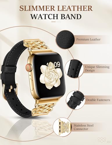 Image of Newlibery Leather Band for Women Slim Dressy Bands Compatible with Apple Watch 38mm 40mm 41mm 42mm 44mm 45mm 49mm, Designer Interlock Buckle Strap for iWatch Series 10 /9 /8 /7 /6 /5 /4 /3 /2 /1 /SE /Ultra