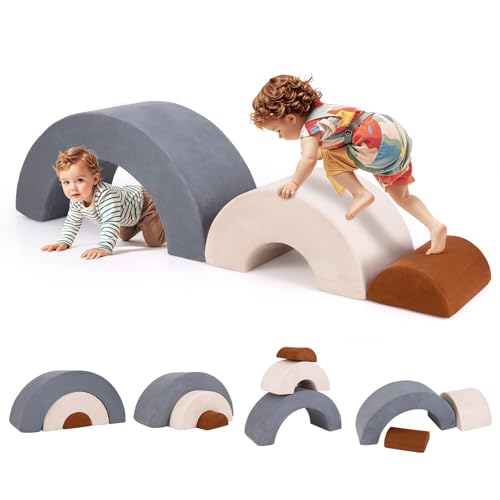 GLACER 3-Piece Climbing Toys for Toddlers, Rainbow Shaped Foam Climbing Blocks with 30D High-Density Foam & Faux Suede Fabric for Children Playroom, Playing Swing, Crawling Drilling (Grey)