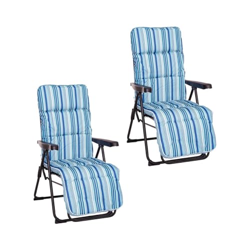 LOLAhome Set de 2 Sillones de Jardín Acolchado, Reclinable con Reposapiés Azul. Estructura de Tubo de Acero anticorrosión y Lona a Rayas. Colchón de 5 cm de Grosor, Plegable. 61x58x106 cm.