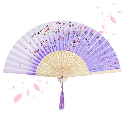 IRYNA Handheld Fan Folding, Folding Fan Hand Held Fan for Women, Vintage Chinese Fan, Handheld Silk Folding Fan for Birthday Gift Wedding Party Decoration (Purple)
