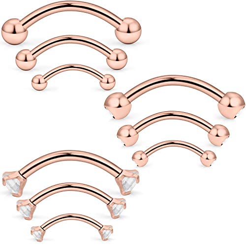 Scerring 9Pcs 16G Stainless Steel Eyebrow Tragus Helix Rook Daith Earrings Belly Lip Ring Clear Cubic Zirconia Barbell Body Piercing Jewelry 6Mm 8Mm 10Mm Rose Gold #TOP7