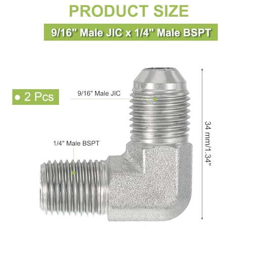 Image of PATIKIL 90 Degree Pipe Adapter, 2 Pcs 9 /16 inch Male 37 Flare JIC x 1 /4 inch BSPT Male Connector Carbon Steel Elbow Fitting for Air Hydraulic Fluid Fuel Water Oil, Silver