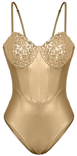 Womens Metallic Glitter One Piece Push Up Fishbone Corset Body Suit Tank Tops for Night Club Going Out Gold M