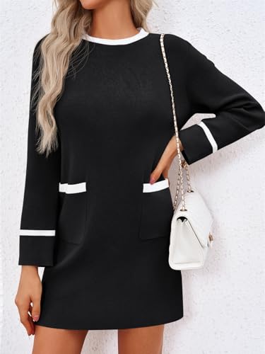 Wenrine Womens Work Dress Business Casual Contrast Color Elegant Long Sleeve Knit Loose Mini Dress2