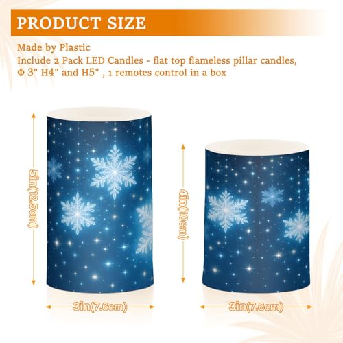 Image of Flickering Flameless Candles, Christmas Snowflakes Blue Background LED Candles with Remote Timer, Set of 2 Battery Operated Candle for Valentine Wedding Birthday