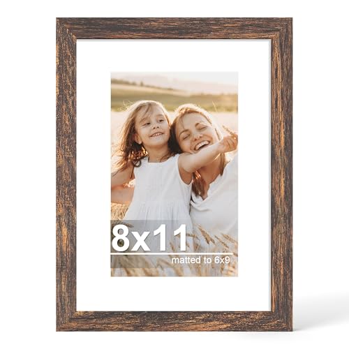 Hongkee 8x11 Picture Frame with Real Glass Wood Frame, 1 Pack(with Mat 6x9)