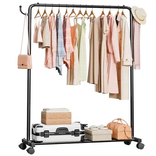 YORBAY Burro Ropa con Ruedas y Altura Ajustable: Resistente Perchero Burro de Metal con Estante para Equipaje - Organizador de Ropa que Ahorra Espacio para Dormitorio Lavadero y Tienda (Ancho 117 cm)