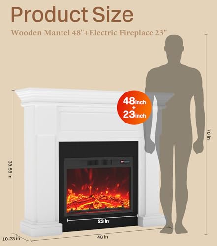 48" Electric Fireplace with Mantel, TV Stand＆Freestanding Fireplace, 23 inch Electric Fireplace Heater with 4 Flame Levels, Remote Control, One Package＆Easy to Set, for Living Room/Bedroom