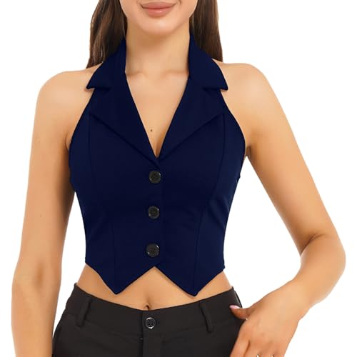 Lejafay Womens V Neck 3 Button Halter Dressy Vest Waistcoat OL Casual Work Economy Tuxedo Suit Jacket Navy Blue Small