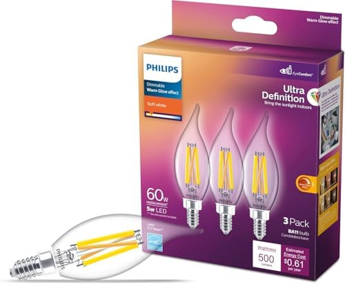 Philips LED Ultra Definition Flicker No Flicker, Eye Comfort Technology, Soft White 2700k BA11 Clear Glass Bulb, 500 Lumens, 5W=60W, E12 Base, Title 20 Certified, 3