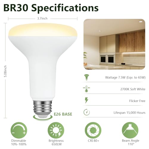 Image of Sigalux BR30 LED Light Bulbs, Dimmable Flood Lights for Recessed Cans, 65W Replacement, 2700K Soft White, 650LM Brightness, E26 Medium Base, 110 Degree Beam Angle, Indoor Ceiling Lighting, 12 Pack