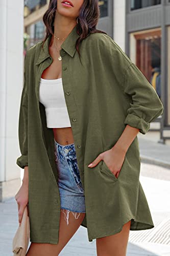 Image of FSHAOES Womens Oversized Button Down Shirts Casual Loose Long Sleeve Solid Lapel Long Blouses Tops with Pockets