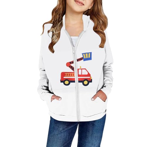 SUPTTING Sudadera para niña, cómoda, cálida, con capucha, capucha, manga larga, informal, dibujos animados, estampado de camión de bomberos, bolsillo canguro, chaqueta de entretiempo, otoño, corte