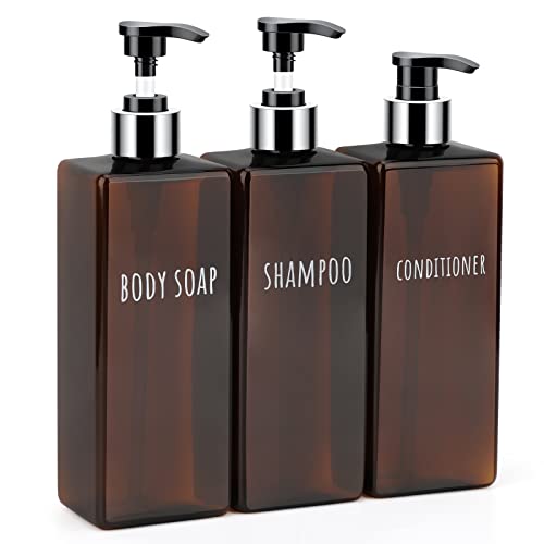 Image of Segbeauty Shampoo and Conditioner Dispenser, 3 Packs 16.9oz Refillable Bathroom Soap Dispenser Set, 500ml Plastic Square Shower Press Pump Bottles Liquid Lotion Dispenser for Kitchen Sink Amber