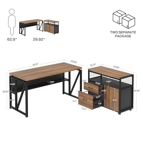 Tribesigns 55-inch L Shaped Desk with Drawer Cabinet, Executive Computer Desk and lateral File Cabinet, 2 Piece Home Office Furniture with Drawers for Hanging File, Doors with Locks (Brown, 55 inches)