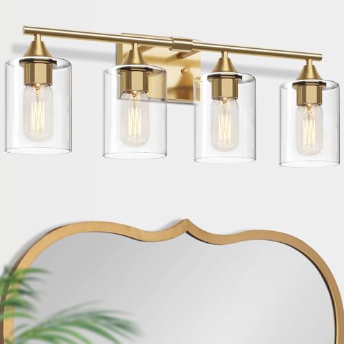 Image of Brushed Gold Vanity Light,4 Light Gold Bathroom Light Fixtures,Bathroom Lights Over Mirror with Clear Glass Shade,Modern Wall Lighting for Mirror Bedroom Vanity Hallway