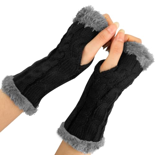 Binlava Armstulpen Handschuhe Damen, Winter fingerlose handschuhe Halb mit Plüsch, Armstulpen Damen, Warme Strick Handschuhe, Weich und Dick, für Den Winter...