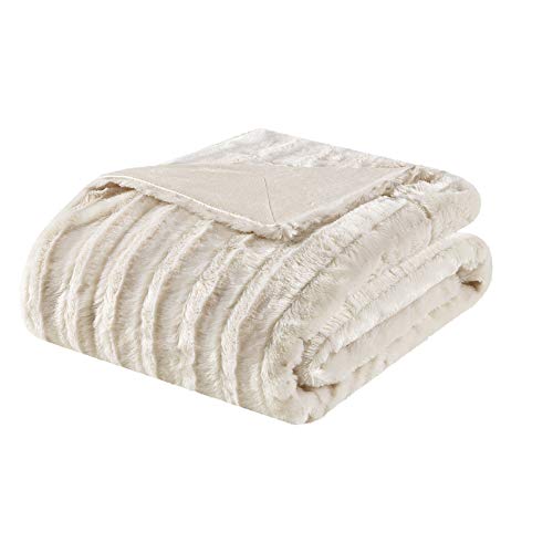 Madison Park Duke Luxury Long Faux Fur Throw Ivory 50*60 Premium Soft Cozy Brushed Long Faux Fur For Bed, Coach or Sofa -  MP50-454
