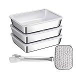 HXSYKJDM Panierschalen Set 3-teilig, 25 X 19.5 X 5 cm Panierstrasse Edelstahl Schüssel mit Steakzange und Abwaschlappen, Edelstahl Schale Rechteckig mit Deckel Stapelbar für Fisch Fleisch Gemüse