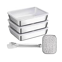 HXSYKJDM Panierschalen Set 3-teilig, 25 X 19.5 X 5 cm Panierstrasse Edelstahl Schüssel mit Steakzange und Abwaschlappen, Edelstahl Schale Rechteckig mit Deckel Stapelbar für Fisch Fleisch Gemüse