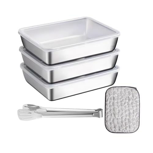 HXSYKJDM Panierschalen Set 3-teilig 25 X 19.5 X 5 cm Panierstrasse Edelstahl Schüssel mit Steakzange und Abwaschlappen Edelstahl Schale Rechteckig mit Deckel Stapelbar für Fisch Fleisch Gemüse
