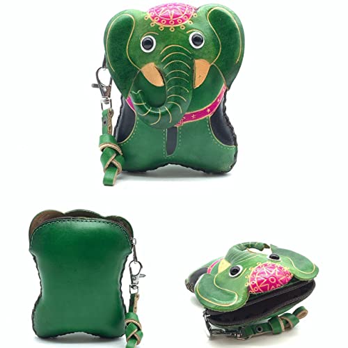Vintage Genuine Leather 3D Animal Elephant Coin Purse With Removable Wrist Strap #005 (Green)4
