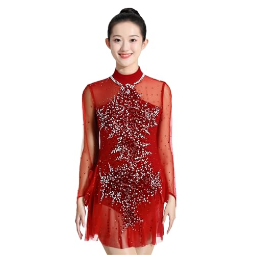 Girl's Long Sleeves Figure Skating Dress with Rhinestone, Women's Handmade Ice Skating Dress for Competition(Medium) Red