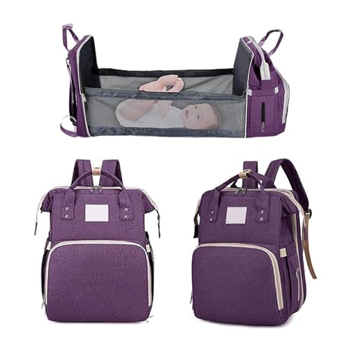Bolsa Maternidade Mochila Vira Berço Troca Bebê Porta Lenço Fralda Mamadeira Bolsa de Fraldas Reforçada Menino e Menina Com Trocador (Roxo)