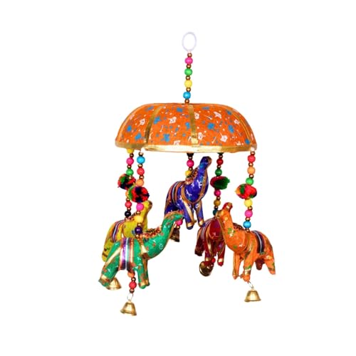 Image of Rajasthani Multicolor Elephants Jhoomer with Bell - Decorative Wind Chimes for Door & Wall Hanging, Ideal Home Decor & Gift Showpiece (Orange)