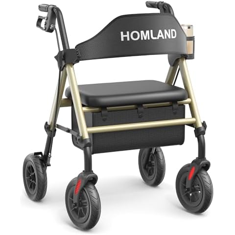 HOMLAND Walkers for Seniors with Seat, Foldable Rollator Walker, Reinforced Aluminum Frame Supports 400lbs, 8" Big Rubber Wheels for All Terrain, Height Adjustable Lightweight Rolling Walker Cover