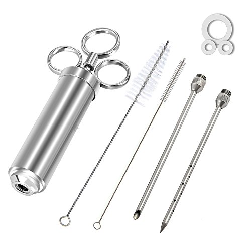 Kaycrown 2-Ounce 304 Stainless Steel Seasoning Injector with 2 Professional Marinade Needles BBQ Meat Flavor Injector Kithen Cooking Sauce Marinade Syringe Accessories with Cleaning Brush