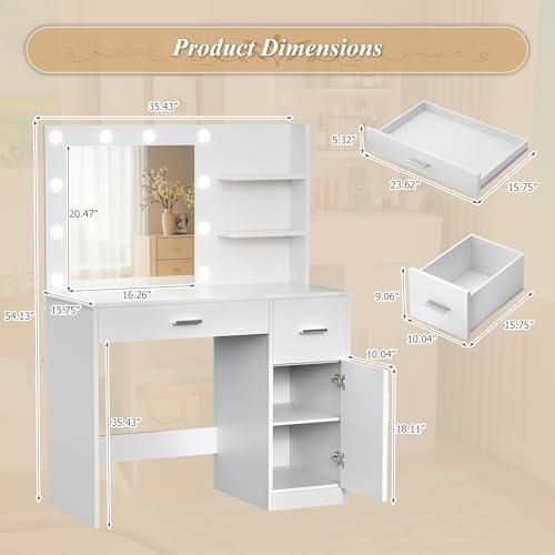Image of Furmax Vanity Desk with Lighted Mirror 3 Modes & Power Outlets, Makeup Vanity Table with Drawers, Cabinet and Open Shelves, for Bedroom & Dressing Room (White)
