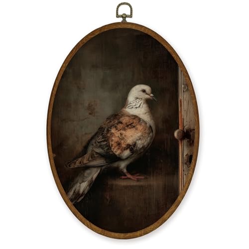 WULQYING Vintage Pigeon Wall Art Decor, Rustic Farmhouse Animal Moody Dark Academia Oval Framed Canvas Art Prints, Retro Cottagecore Wall Hanging Decor for Home Bedroom Living Room, 8.6x11.4 Inches