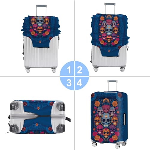 Image of Sugar Skull Luggage Cover - Colorful Floral Day of the Dead Suitcase Protector - Stretch Travel Case Cover for 24-26 Inch Luggage,M