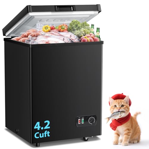 LifePlus 4.2 Cu.Ft Small Deep Freezer, 7-Temp Adjustable Chest Freezer with Removable Basket, Wheels, Ultra-Quiet, Energy Saving, Top Open Door for Apartment, Garage, Office, Black
