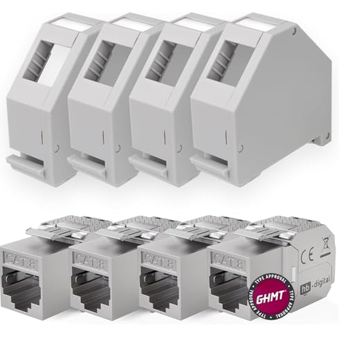 HB-DIGITAL Kit : 4 modules Keystone Cat.8.1 RJ45 + 4 adaptateurs de rail DIN Support Keystone pour rail DIN standard 35 mm | RJ35 blindé sans outil Montage Ethernet LAN Réseau STP LSA