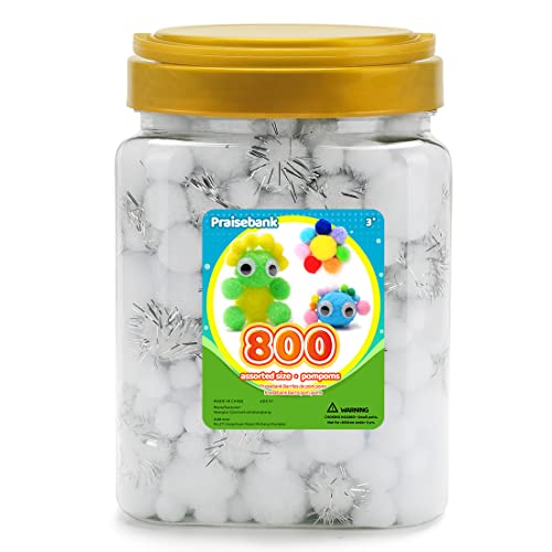 Praisebank White Pom poms, 800pcs Assorted Size, Pom Poms for Arts and Crafts, Pom Pom Balls in jar,Pom Poms for Crafts.