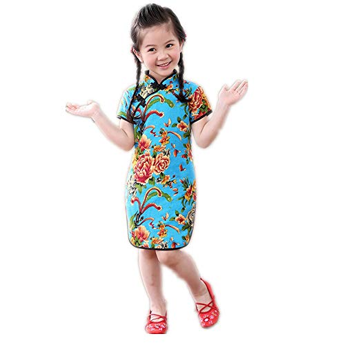 Foral Baby Girls Dress New Year Qipao Vintage Chinese Cheongsam Princess Costume (Dark Blue, 2)