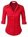 LE3NO Womens Roll Up 3/4 Sleeve Button Down Shirt with Stretch, L3NWT574A_RED, Large