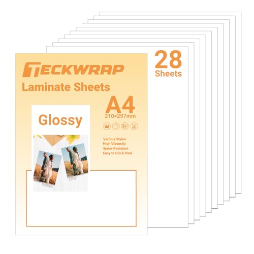 TECKWRAP Self Adhesive Laminating Sheets Clear Sticker Paper for Inkjet Printer Clear Overlay Vinyl Photo Paper for Printable Vinyl Lamination Sheets A4 210mm x 297mm 28 Sheets/Pack, Glossy