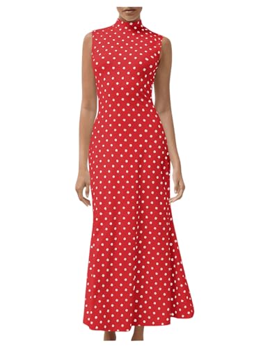 Milumia Womens Polka Dots Maxi Tank Dress Vintage Mock Neck Sleeveless Elegant Long Dresses Red Small