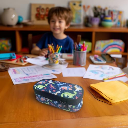 Image of Dinosaurs Pencil Case for Boys, Cute Pencil Case with Zipper, Blue Pencil Holder with Compartments, Gift Idea for Dinosaur Lovers