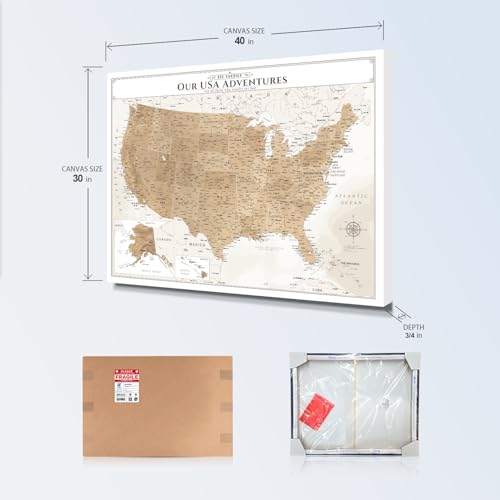 Image of IPIC - Vintage US Map for Travel, Pin Board Canvas Wall Art, Travel Map with Pins Included, Ready to Hang for Home or Office, 40x30 Inch